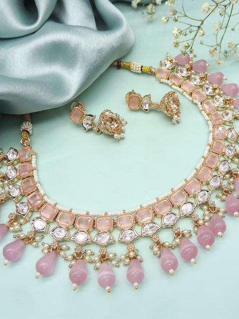 Pastel pink Kundan bridal choker necklace set with earrings – Indian festive jewelry USA – Joyrias