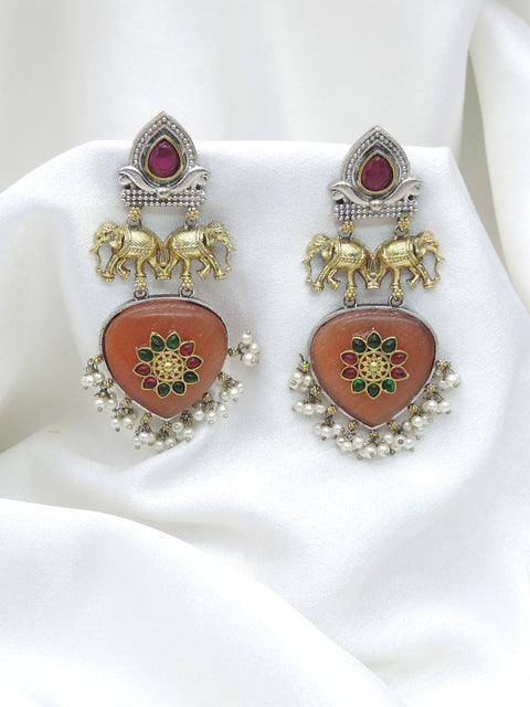 Oxidized Dual-Tone Elephant Maroon Pearl Drop Earrings