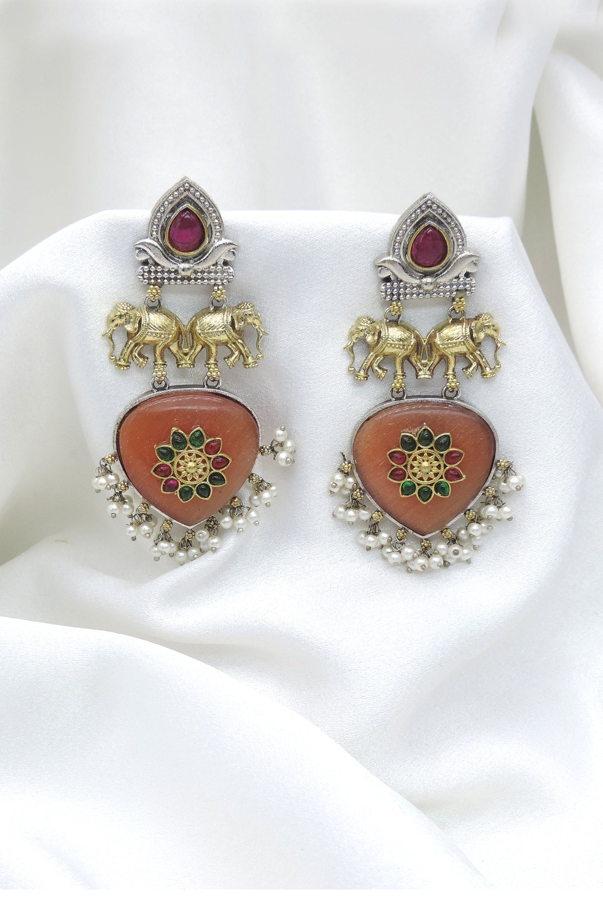 Oxidized Dual-Tone Elephant Maroon Pearl Drop Earrings