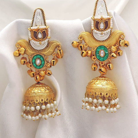 Traditional Green Jhumka Earrings by Joyrias