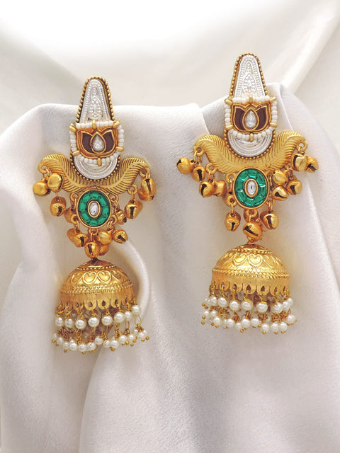 Traditional Green Jhumka Earrings by Joyrias
