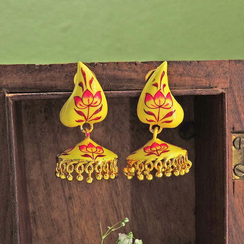 Yellow Handpainted Lotus Jhumka Earrings