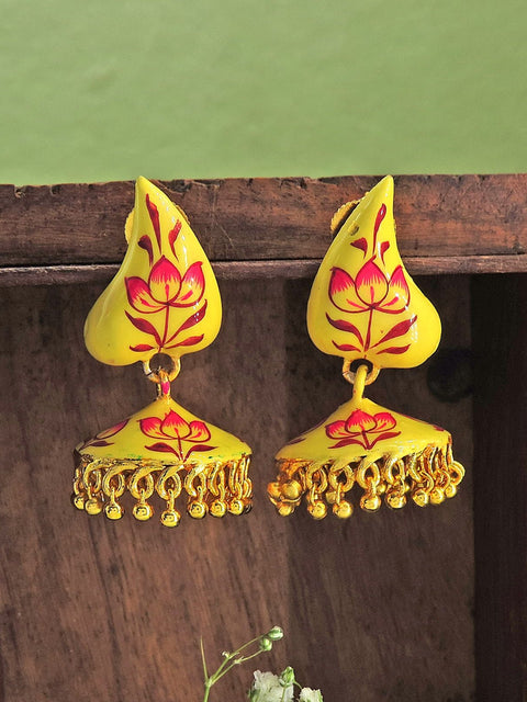Yellow Handpainted Lotus Jhumka Earrings