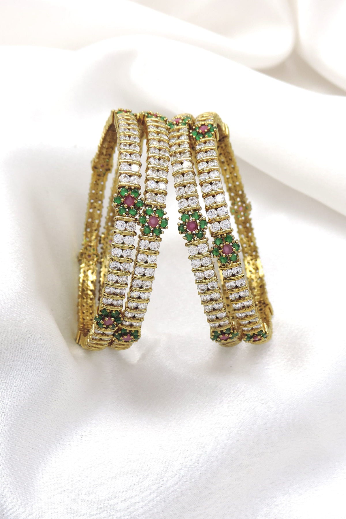 Jade ruby CZ AD floral bangle set with intricate accents by joyrias
