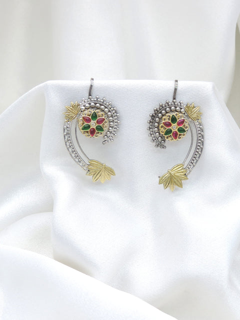 Oxidized traditional ear cuff earrings with intricate antique detailing by joyrias