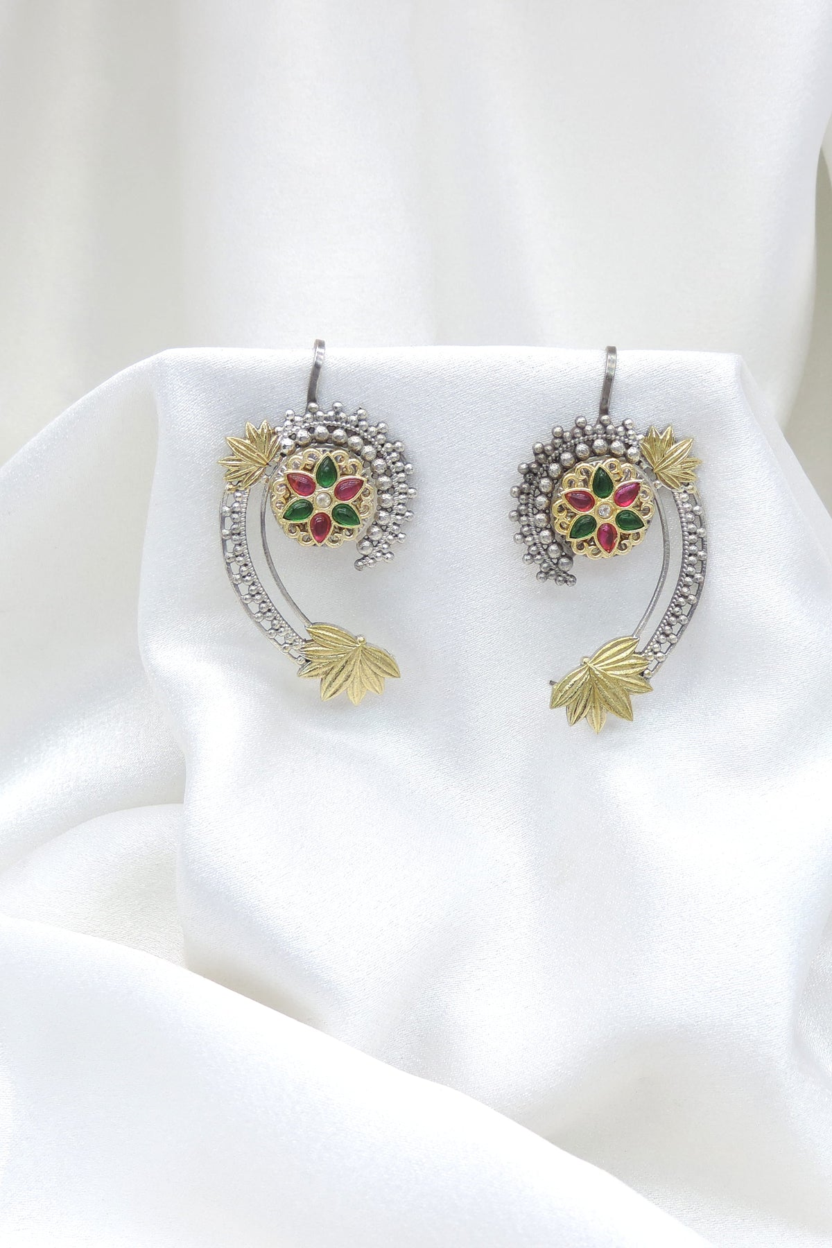 Oxidized traditional ear cuff earrings with intricate antique detailing by joyrias