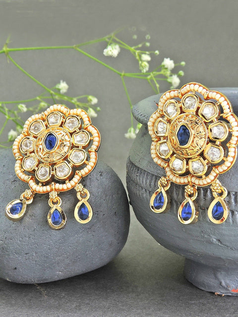 Kundan earrings with blue drops – Indian Kundan stud earrings for festive wear USA – Joyrias