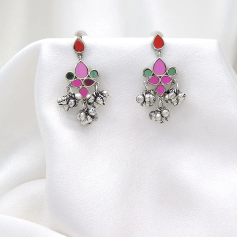 Oxidized silver multicolor floral ghungroo drop earrings with pink green and red stones by joyrias