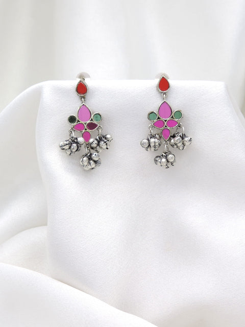 Oxidized silver multicolor floral ghungroo drop earrings with pink green and red stones by joyrias