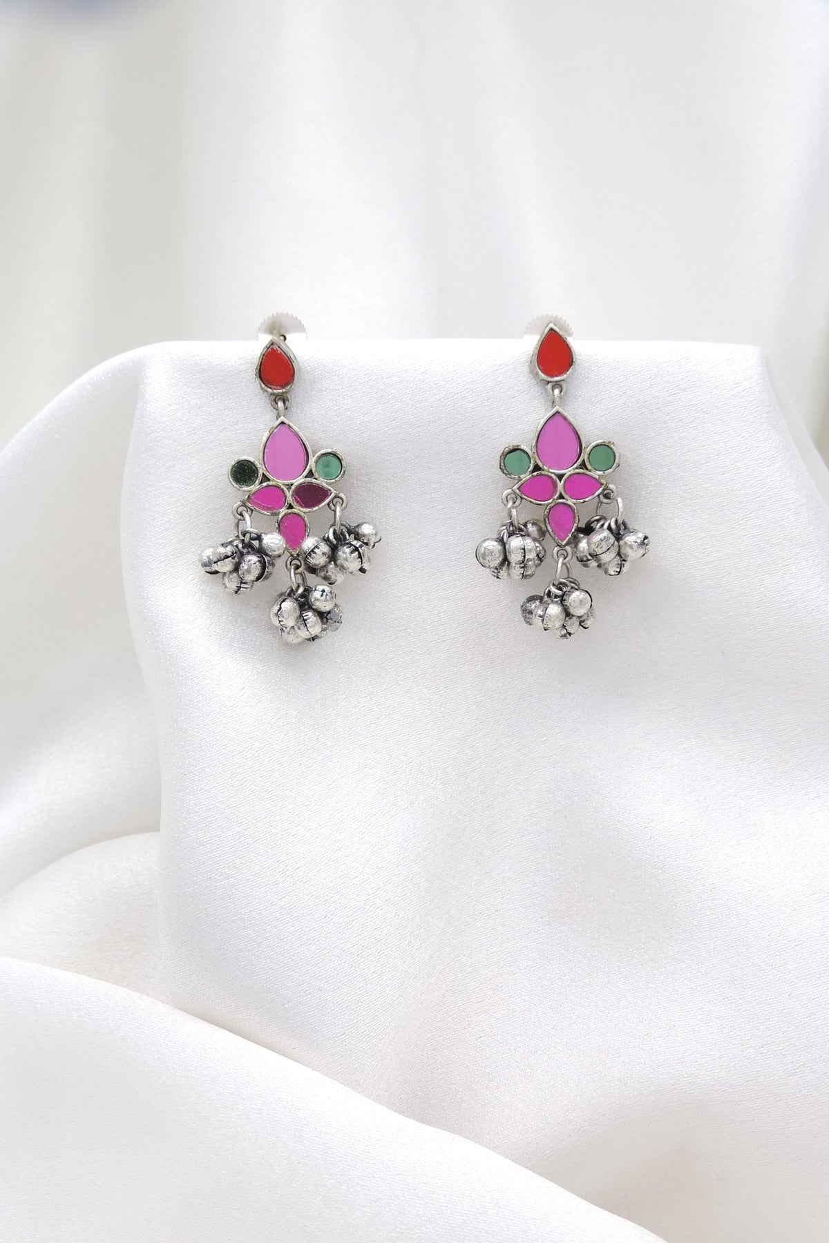 Oxidized silver multicolor floral ghungroo drop earrings with pink green and red stones by joyrias