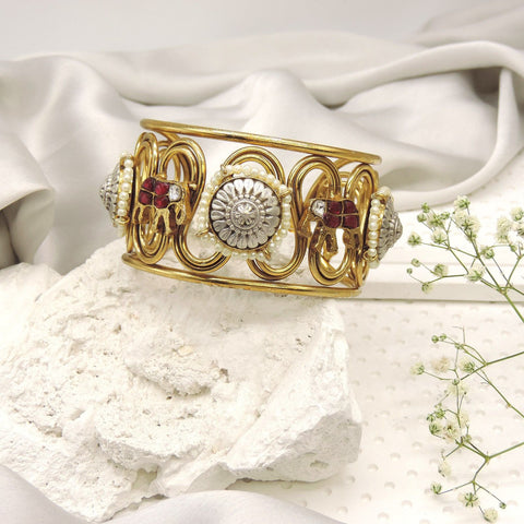 Heritage Elephant Motif Kada ? Antique Gold Finish Cuff Bangle with Pearls Image 0