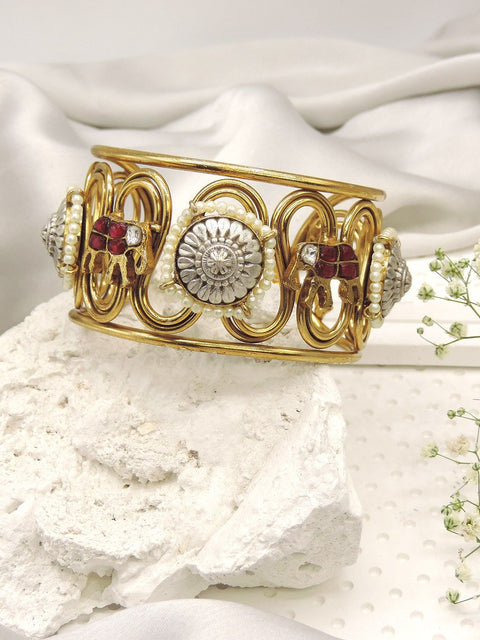 Heritage elephant motif kada – antique gold cuff bangle with pearls for weddings USA – Joyrias