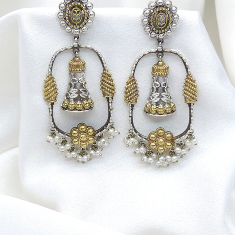 Oxidized silver gold-toned jhumka drop earrings with pearl detailing by joyrias