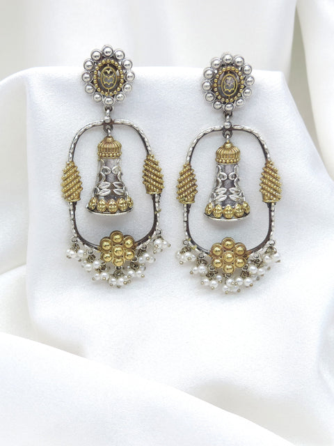 Oxidized silver gold-toned jhumka drop earrings with pearl detailing by joyrias