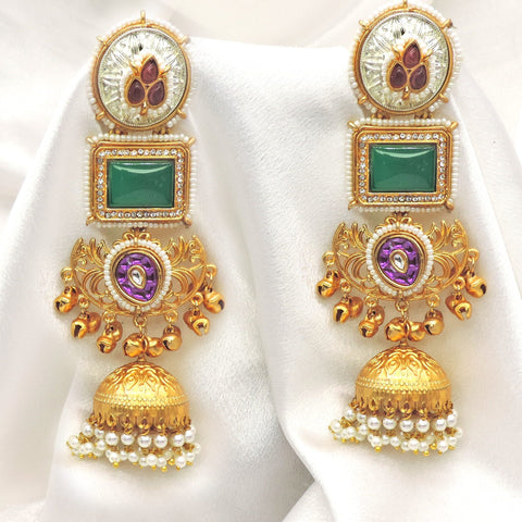 Green Purple Temple Jhumka Earrings by Joyrias