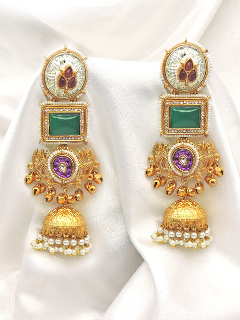 Green Purple Temple Jhumka Earrings by Joyrias