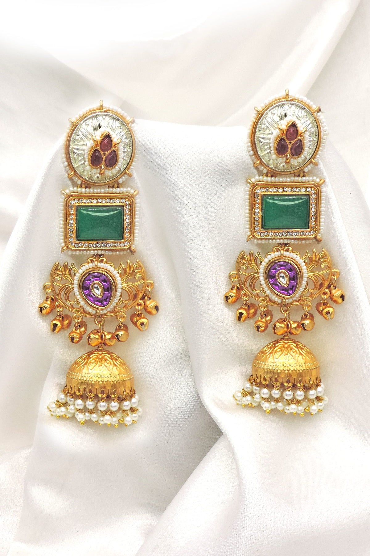 Green Purple Temple Jhumka Earrings by Joyrias