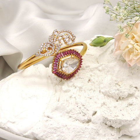 Ruby Baguette & Moissanite Kundan Statement Kada ? Openable Gold Finish Bracelet Image 0