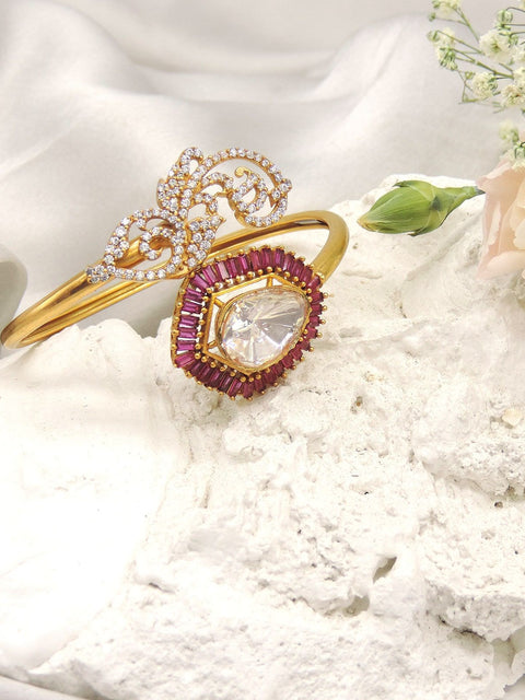 Ruby baguette and Moissanite Kundan statement kada – openable gold finish bracelet for bridal wear – Joyrias