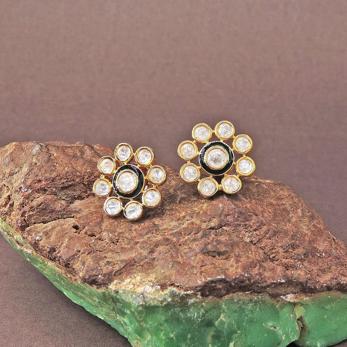 Kundan stud earrings with blue meenakari – Indian Kundan meenakari studs USA – Joyrias