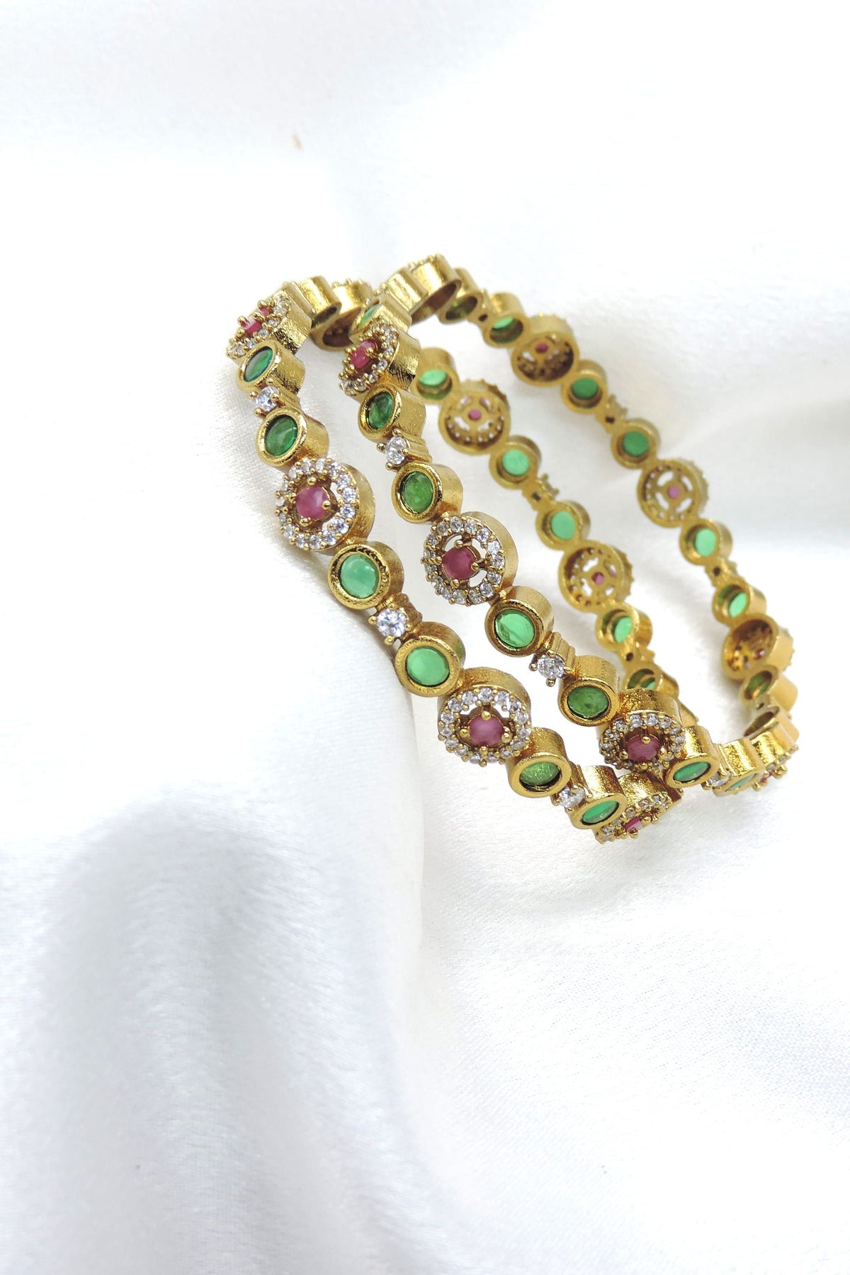 Jade ruby CZ AD bangle set with floral stone accents by joyrias