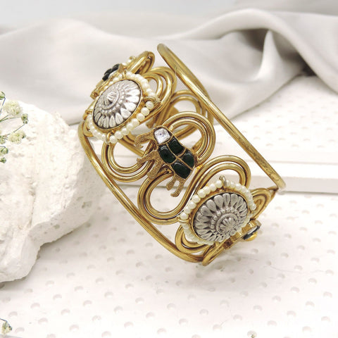 Green Elephant Motif Kada ? Antique Gold Heritage Cuff Bangle with Pearls Image 0