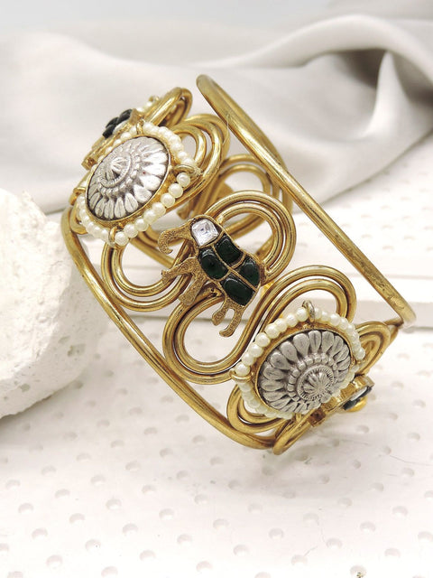 Green elephant motif kada – antique gold heritage cuff bangle with pearls USA – Joyrias