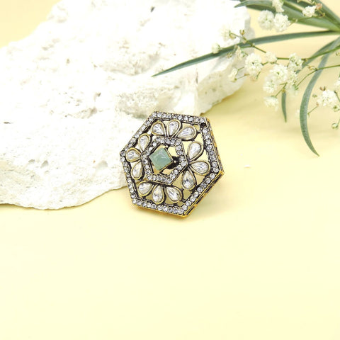 Hexagon AD Kundan cocktail ring with green stone – Indian American diamond ring USA – Joyrias