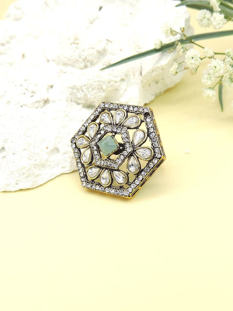 Hexagon AD Kundan cocktail ring with green stone – Indian American diamond ring USA – Joyrias