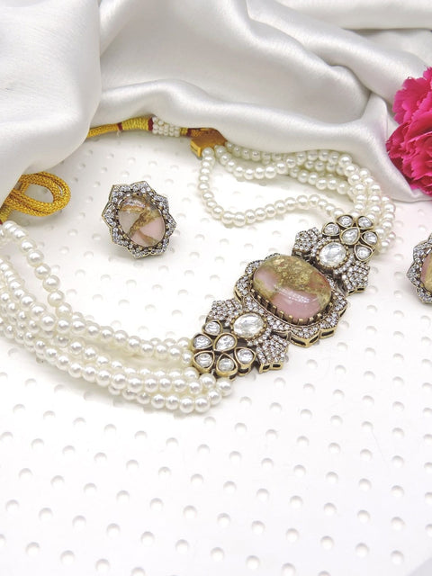 Light pink fire stone Kundan choker set with multi strand pearls and earrings – Indian bridal jewelry USA – Joyrias