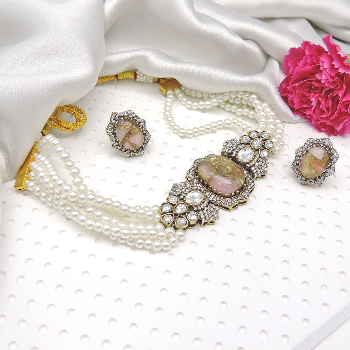 Light Pink Fire Stone Kundan Choker Set with Multi-Strand Pearls & Earrings Image 0