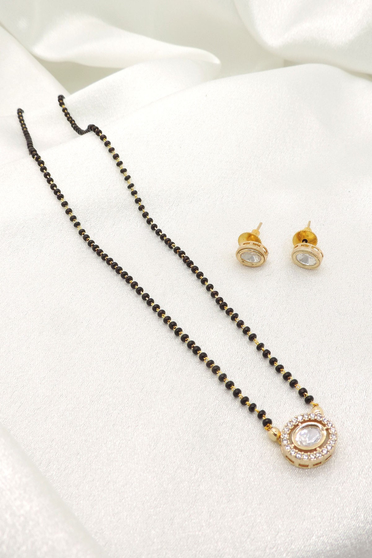 Classic black bead CZ mangalsutra set with matching stud earrings