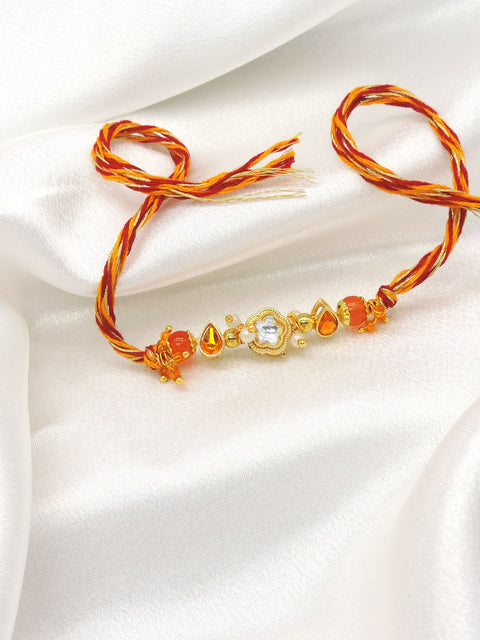 Designer Kundan Rakhi with Orange Crystal Beads