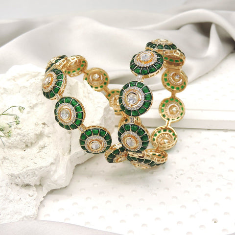 Emerald green Kundan bangles – premium gold finish Indian kada set for weddings USA – Joyrias