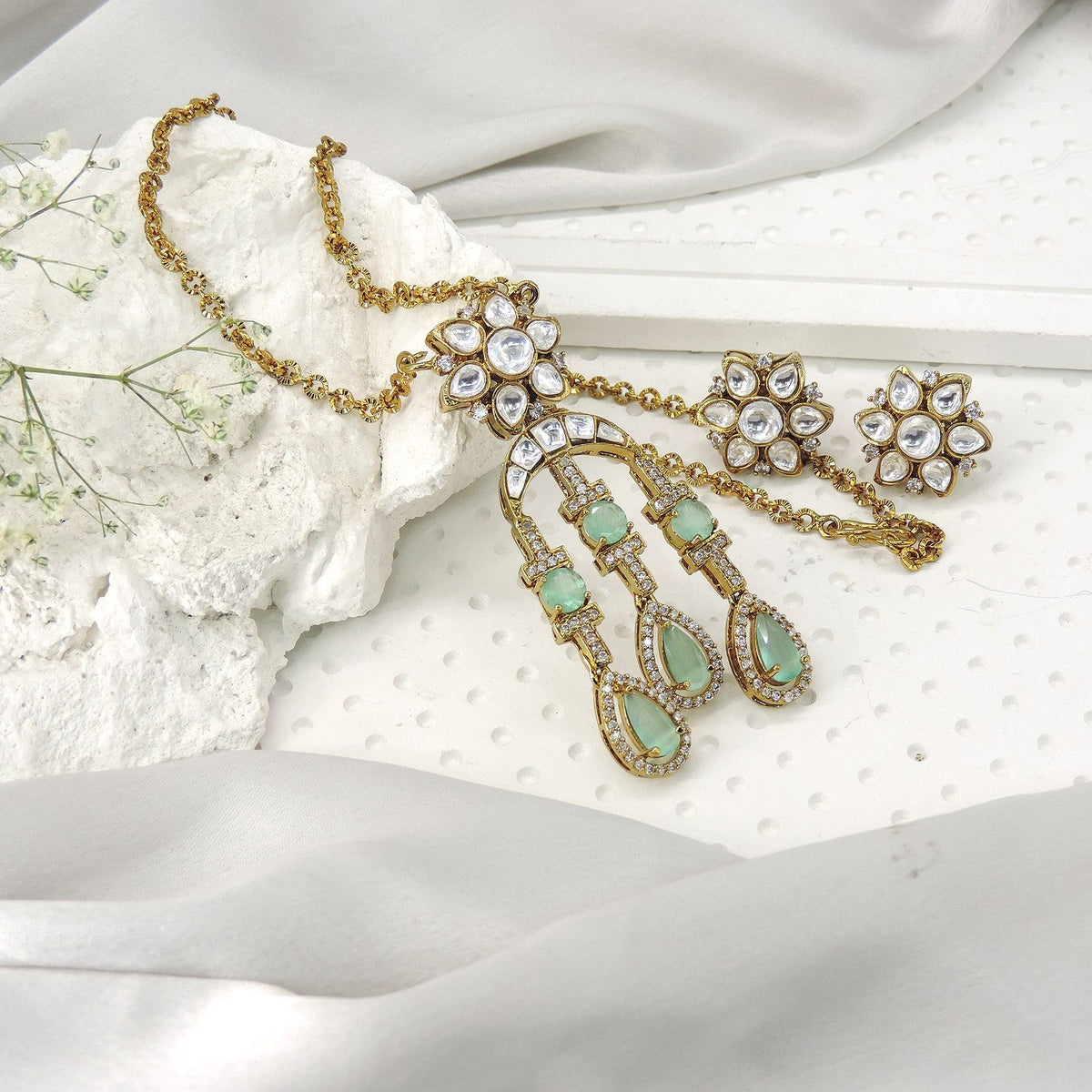 Mint green with Moissanite long pendant set with premium gold finish and floral earrings – Indian jewelry USA – Joyrias