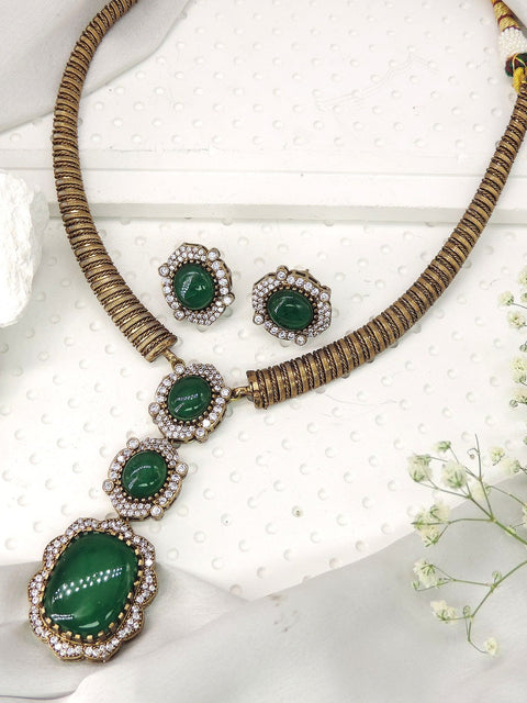 Emerald green heritage necklace set – antique finish long pendant set with earrings India USA – Joyrias