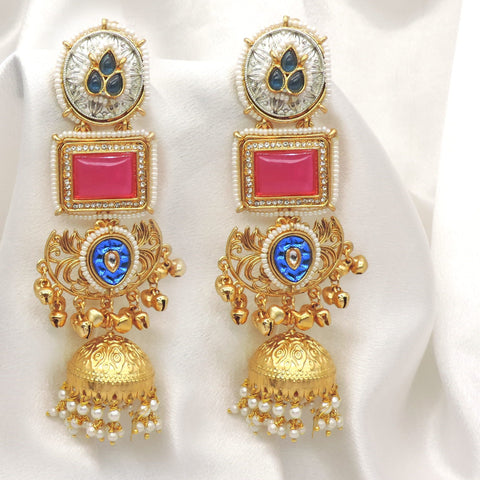 Pink Blue Dual Tone Jhumka Earrings by Joyrias