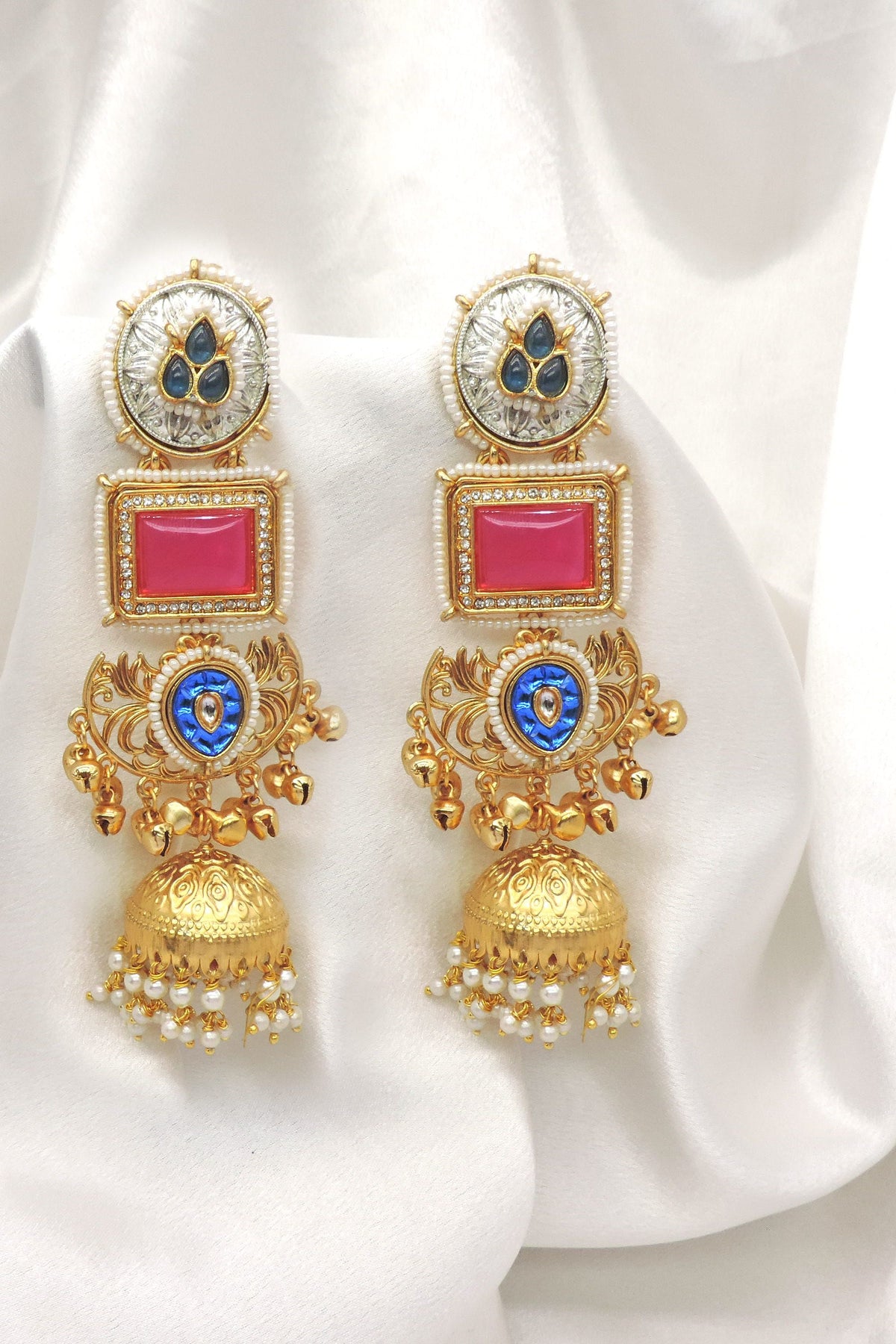 Pink Blue Dual Tone Jhumka Earrings by Joyrias