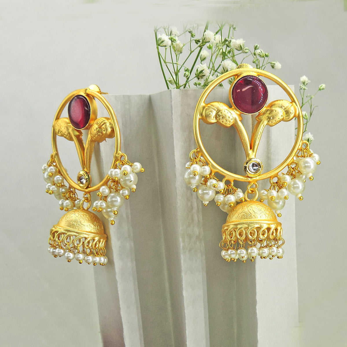 Gold Plated Ruby Jhumka Earrings with Pearl Drops