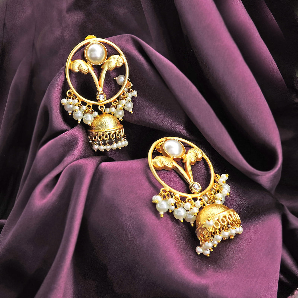 Gold Plated Ruby Jhumka Earrings with Pearl Drops