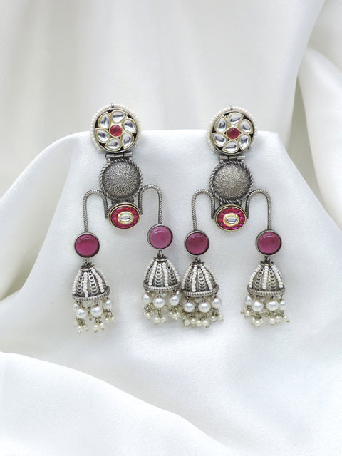 Oxidized Silver Green Kundan Jhumka Drop Earrings