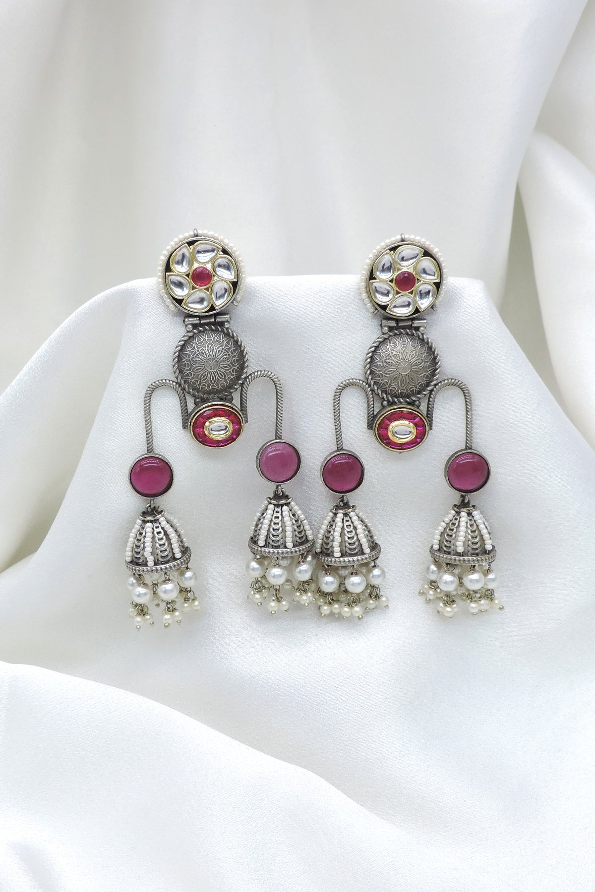 Oxidized Silver Green Kundan Jhumka Drop Earrings