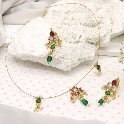 Green & Ruby Kundan Style Necklace Set with Pearl Drops Image 0