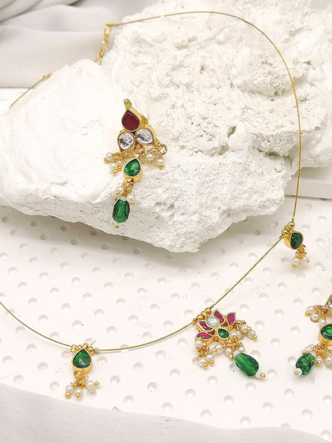 Green and ruby Kundan style necklace set with pearl drops – Indian bridal necklace USA – Joyrias
