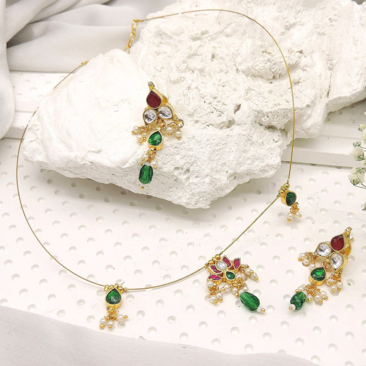 Green & Ruby Kundan Style Necklace Set with Pearl Drops Image 0