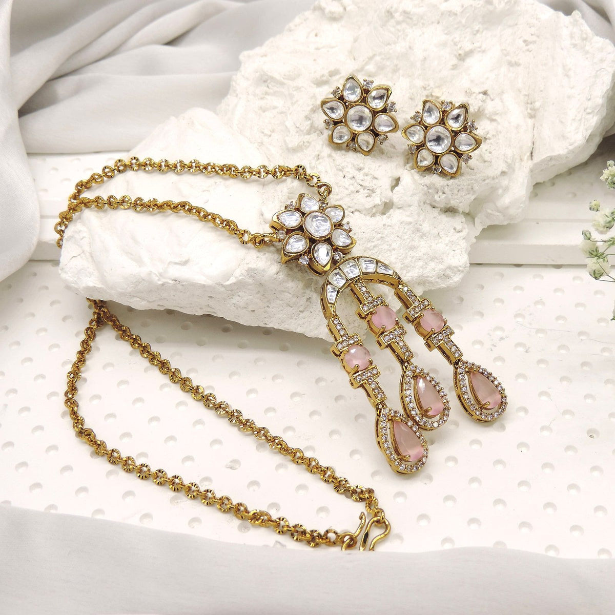 Pink stone Kundan necklace set with matching earrings – Indian bridal choker USA – Joyrias