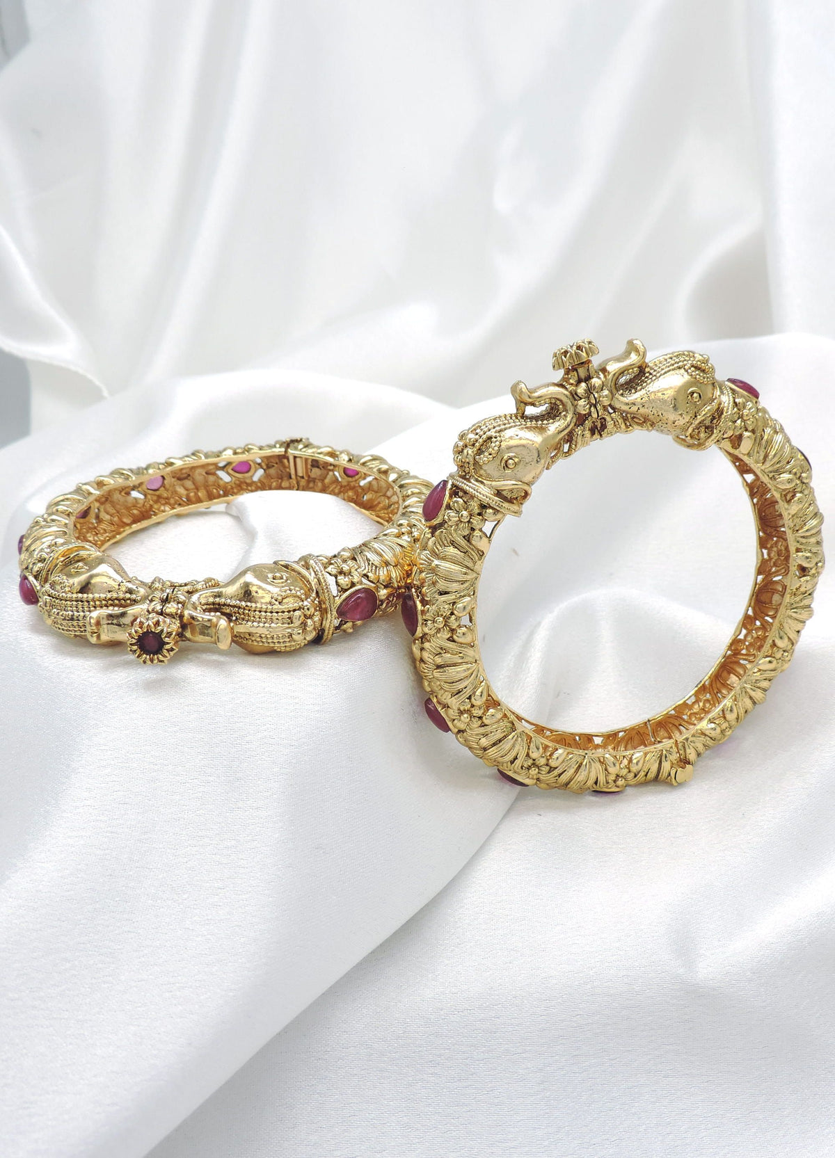 Antique gold kada bangle pair with ruby stone detailing by joyrias