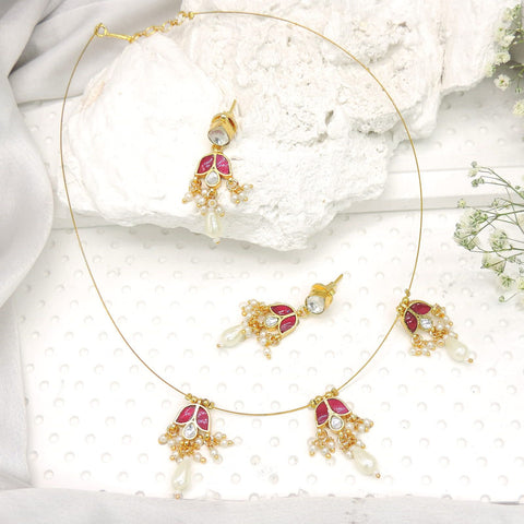 Pink enamel pearl drop wire necklace set with matching earrings