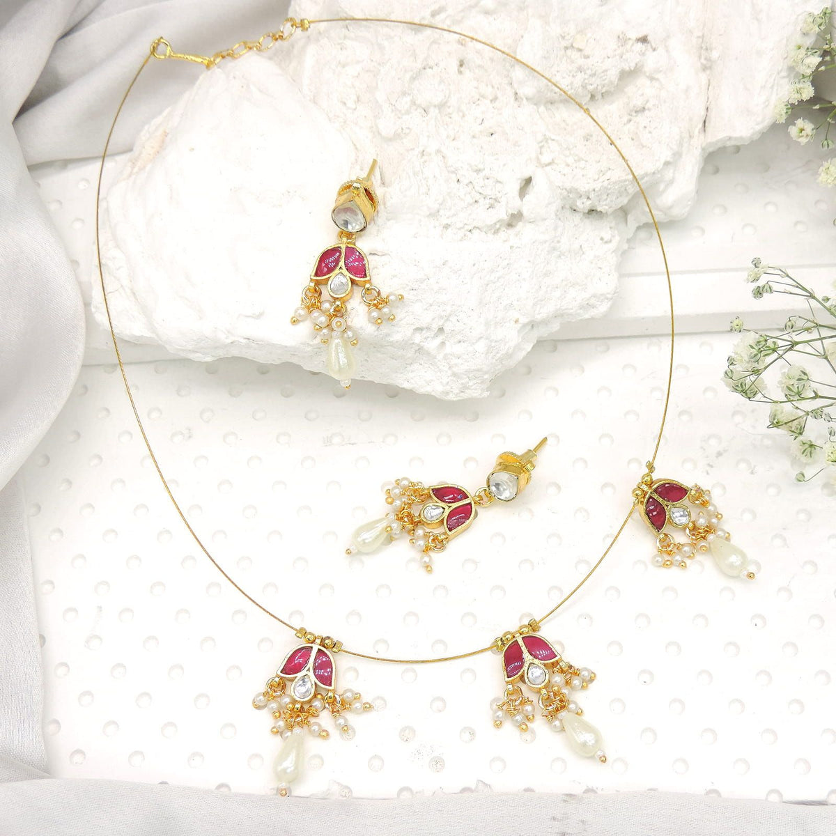 Pink enamel pearl drop wire necklace set with matching earrings