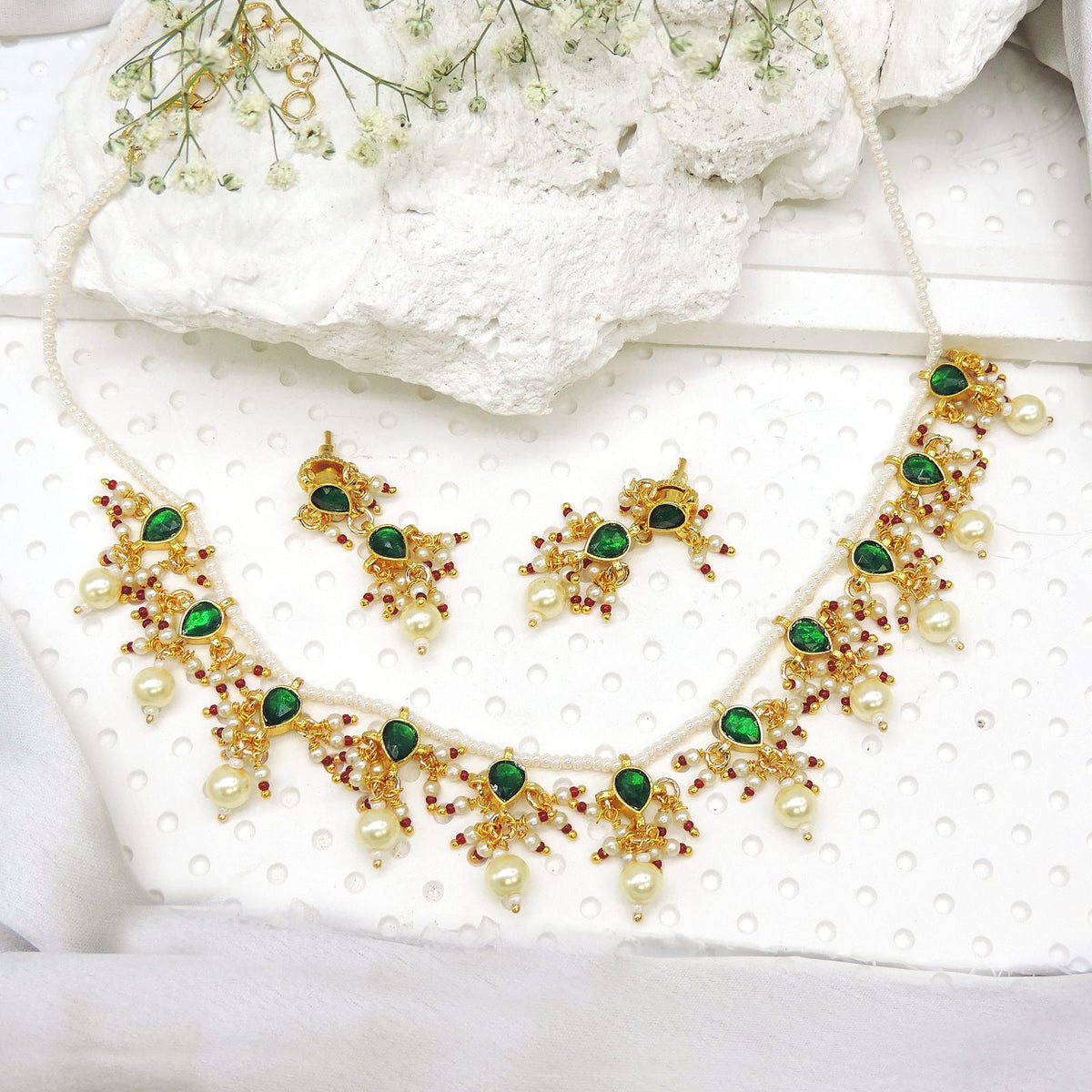 Pearl choker necklace with green stones and pearl drops with matching earrings